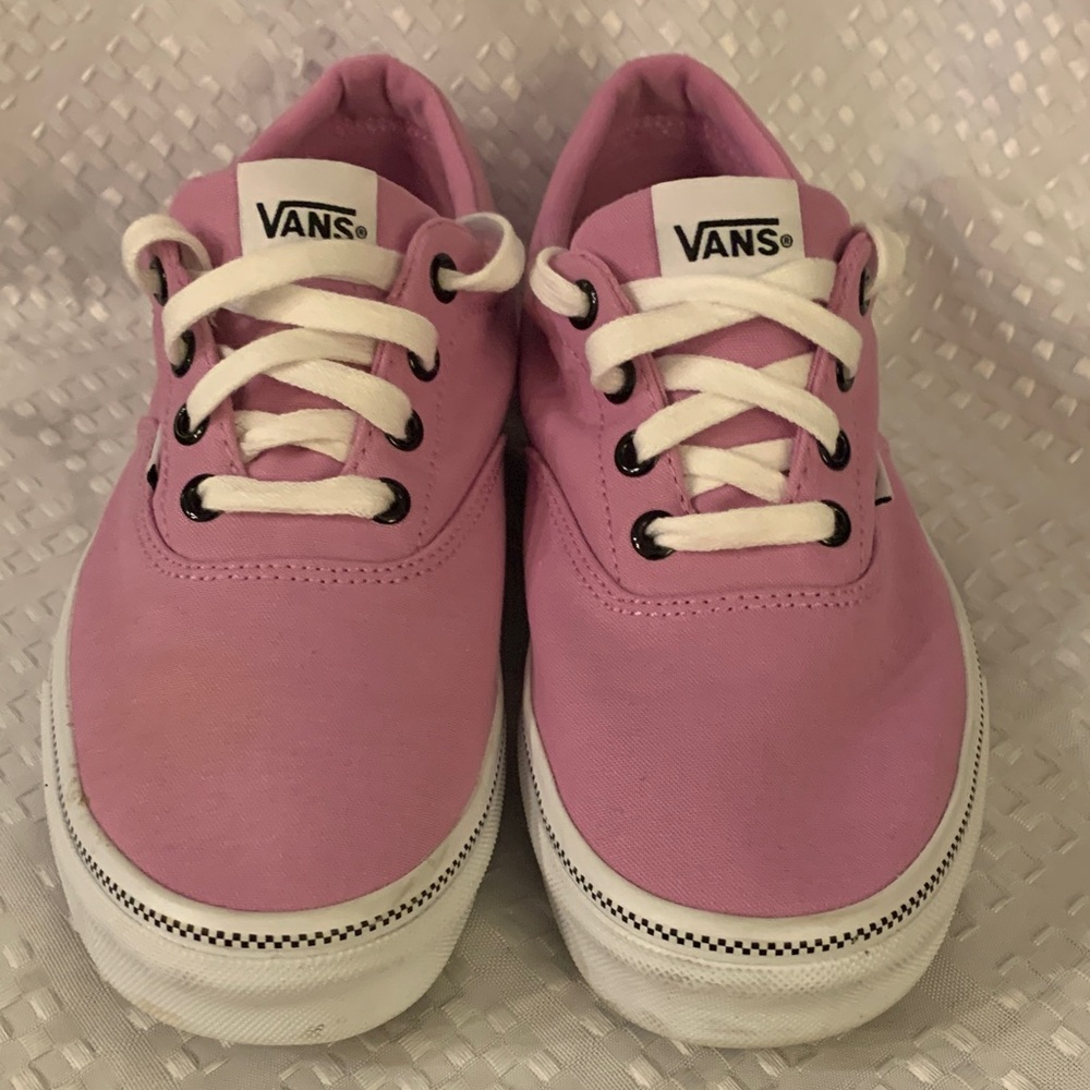 Women’s pink and white Vans, low rise, size 7.5.